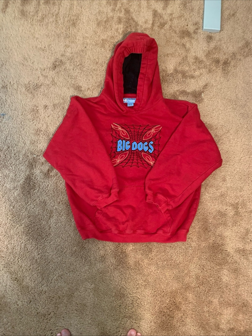 Big Dogs Red Hoodie with Blue Logo and Flame Detail
